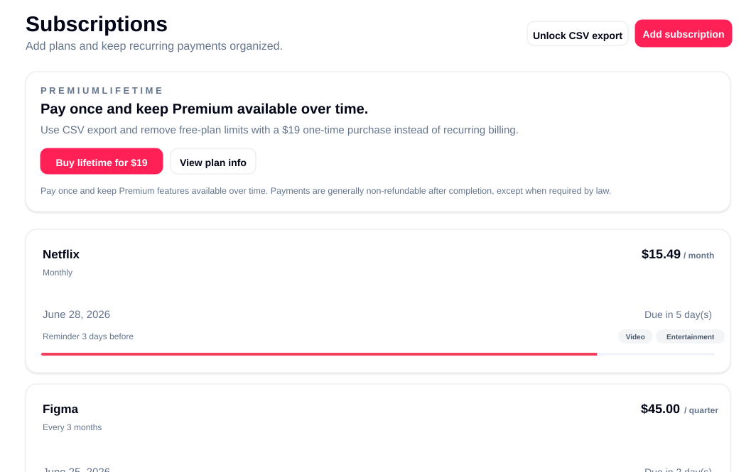 SubTrack subscription list screen